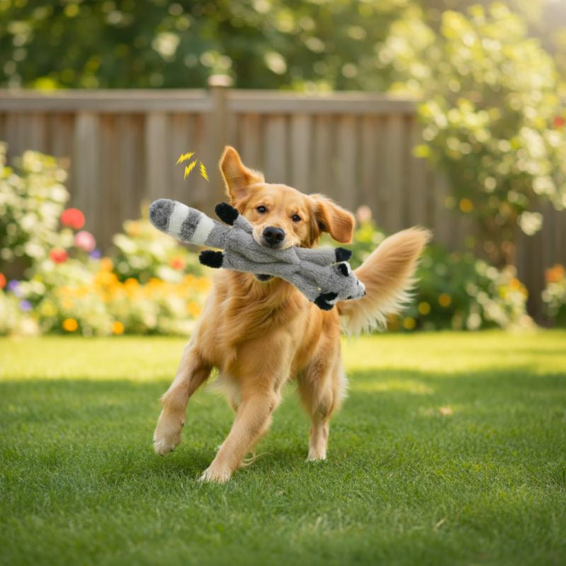 Golden retriever running across the grass carrying a Rascal crinkle dog toy