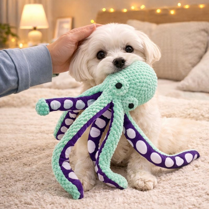Small white dog resting with the Ollie plush octopus dog toy