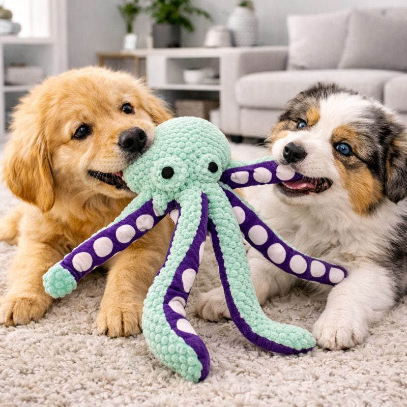 Two dogs playing together with the Ollie plush octopus dog toy