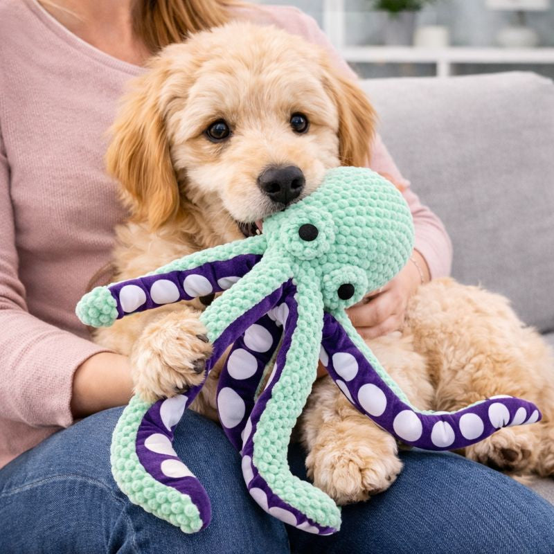 Woman cuddling her dog holding the Ollie plush octopus dog toy on the couch