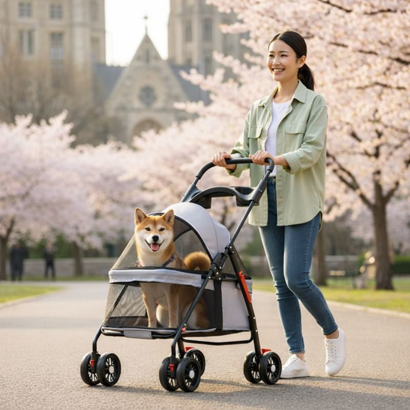 Shiba Inu in the Wander Foldable Dog Stroller among cherry blossoms