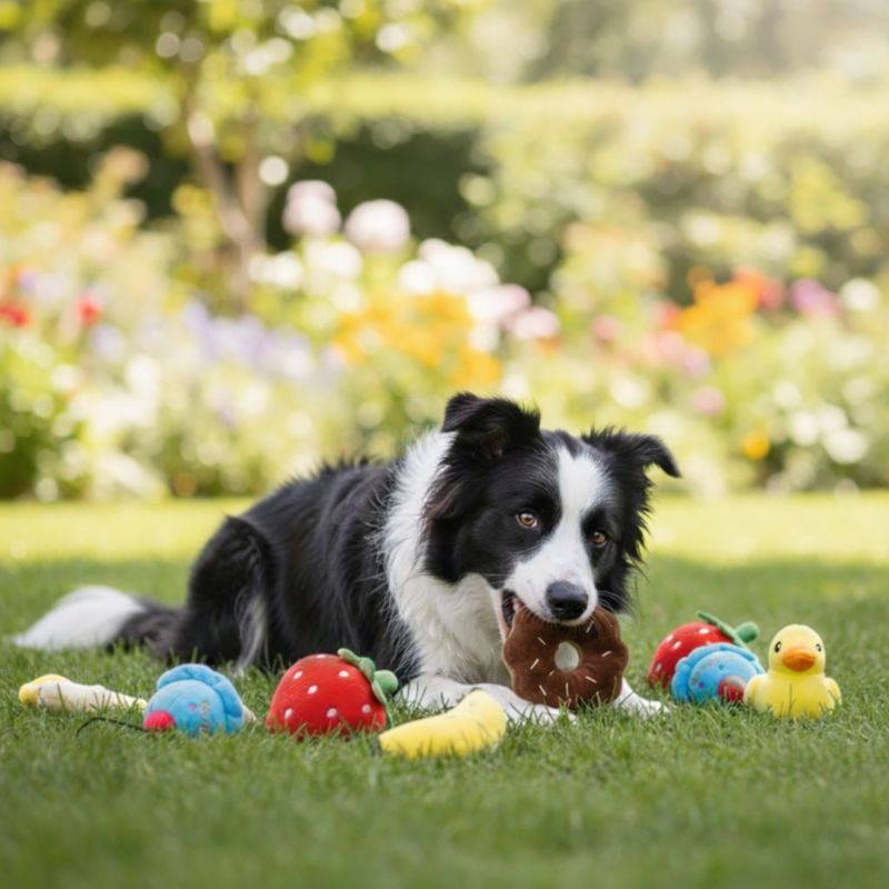 Border collie playing with the Picnic Puppy Plush Toy Set in a garden