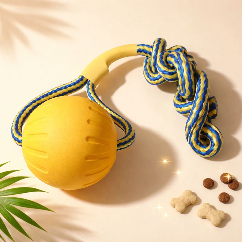 Romp yellow EVA ball and rope tug dog toy