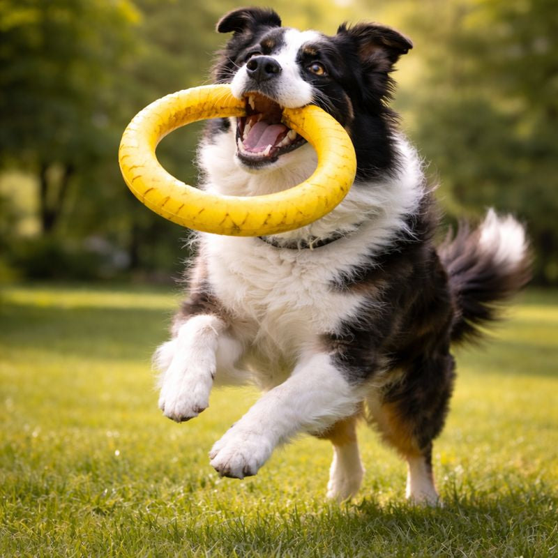 Border collie leaping to catch the Romp yellow EVA flying disc