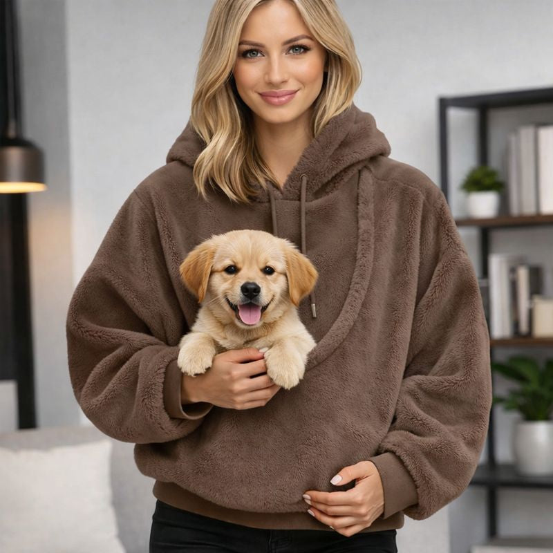 Joey wearable dog carrier hoodie in coffee with a puppy in the front pouch