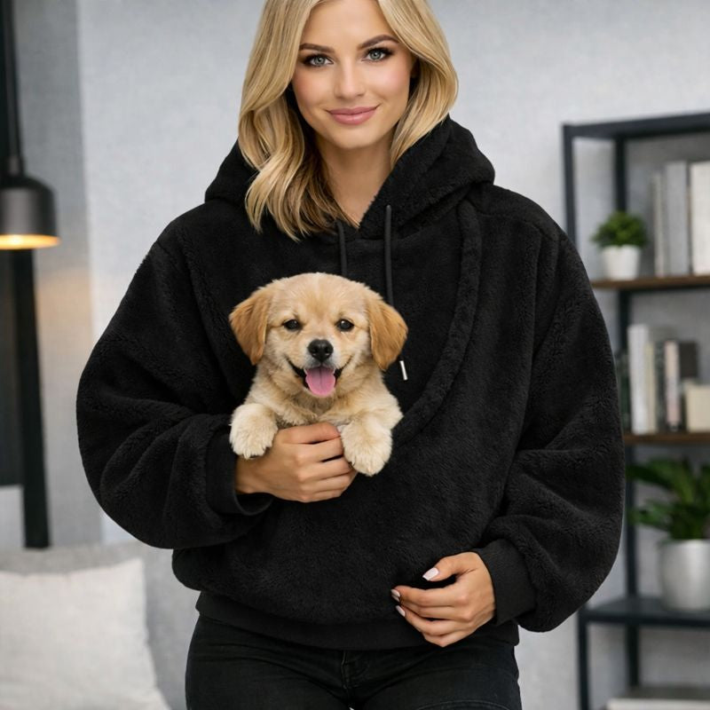 Joey wearable dog carrier hoodie in black with a puppy in the front pouch