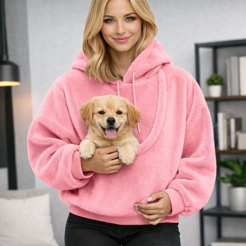 Joey wearable dog carrier hoodie in pink with a puppy in the front pouch