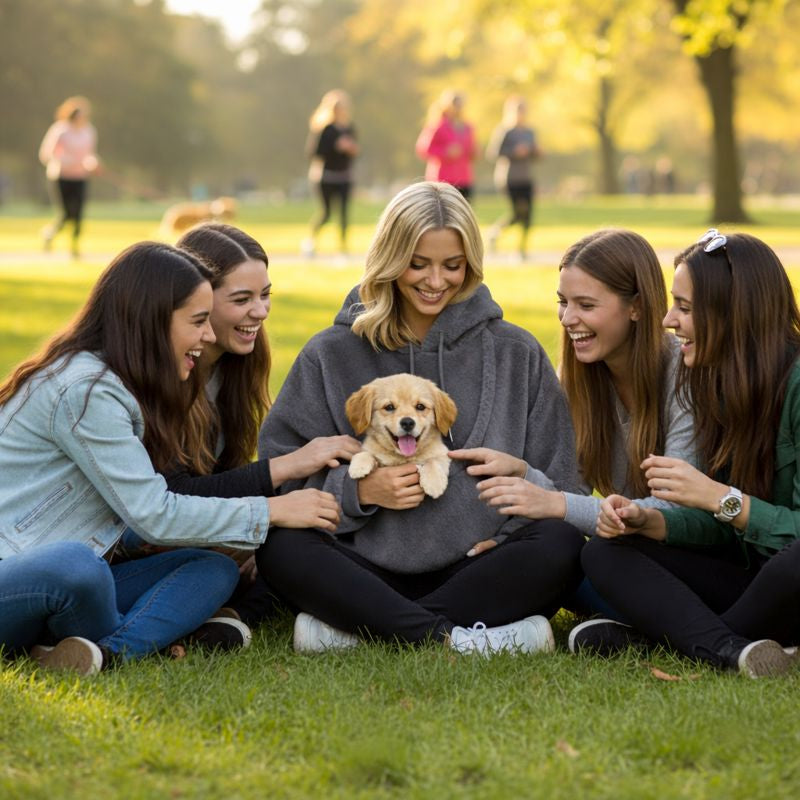 Friends admiring a puppy tucked in the Joey wearable dog carrier hoodie at the park
