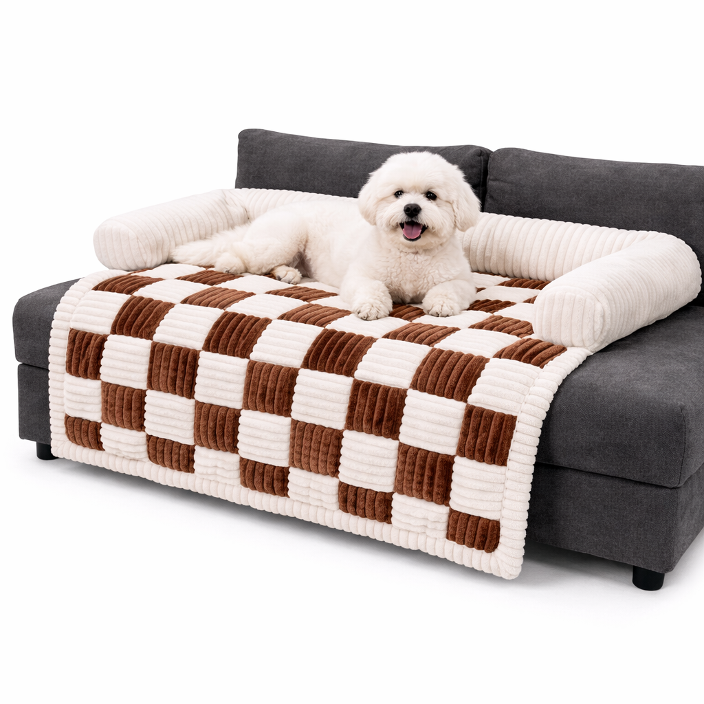 Brown checkered Hearth Dog Sofa Cover draped over a couch with a padded bolster