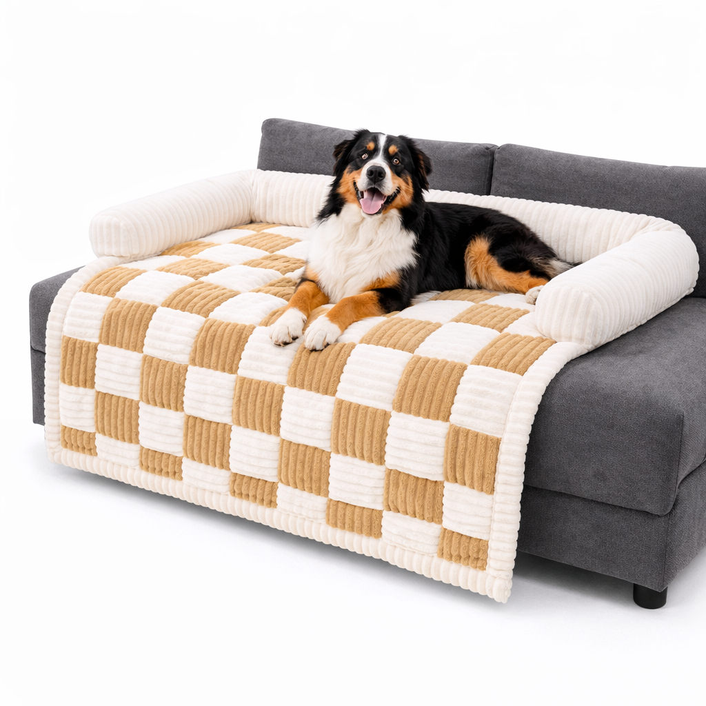 Coffee checkered Hearth Dog Sofa Cover with a Bernese mountain dog resting on the sofa