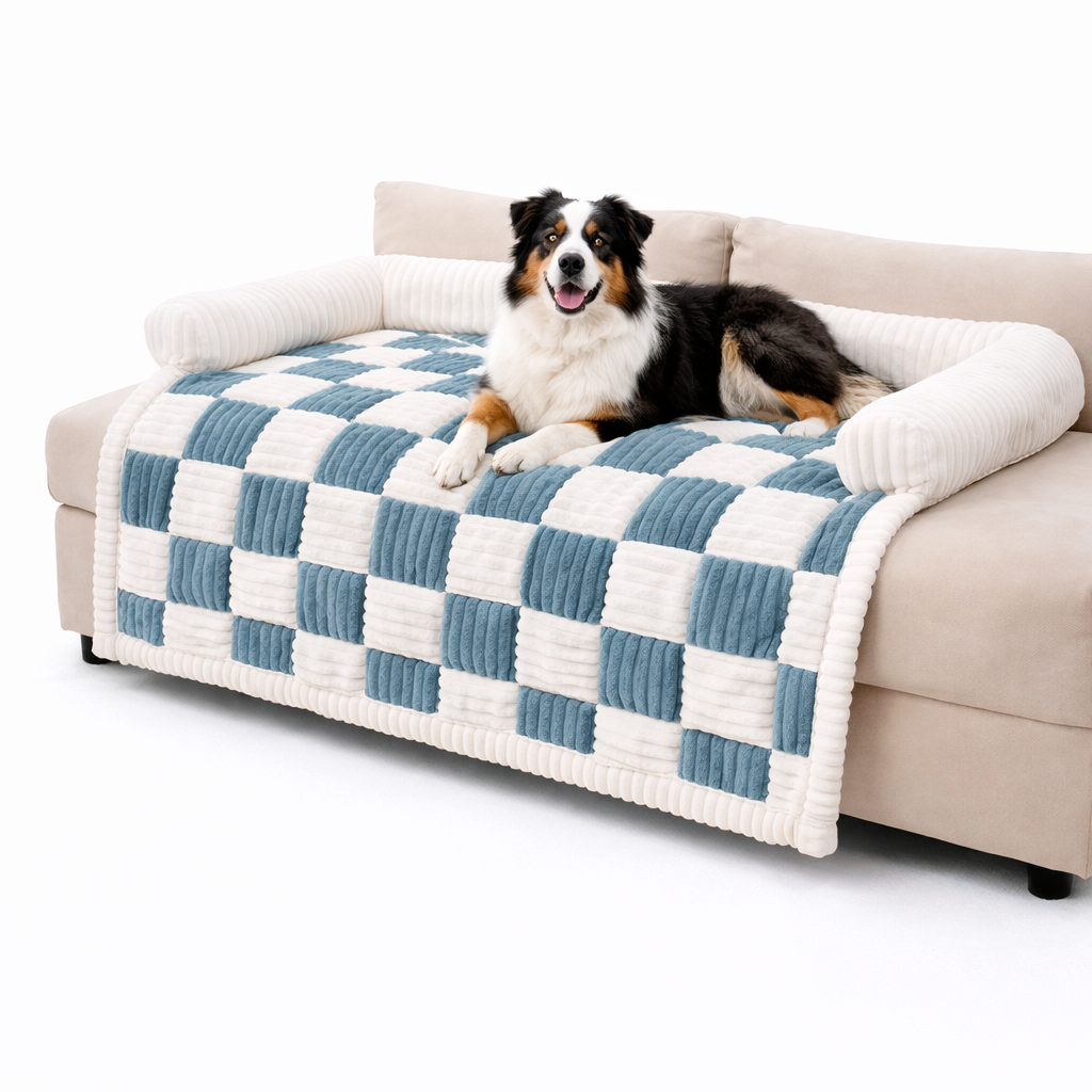 Australian shepherd resting on the blue-grey Hearth Checkered Dog Sofa Cover