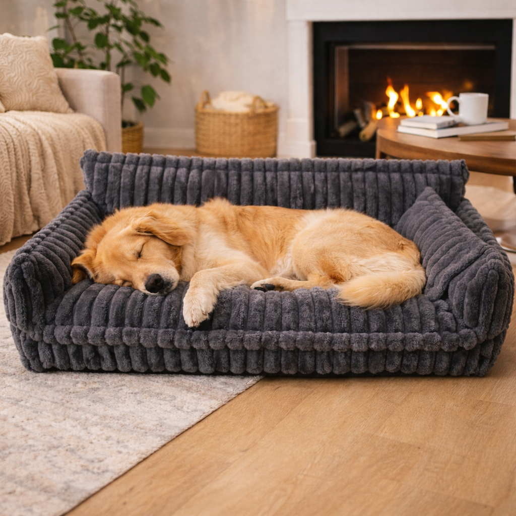 Golden retriever resting on the dark grey Snooze orthopedic dog sofa bed by a fireplace
