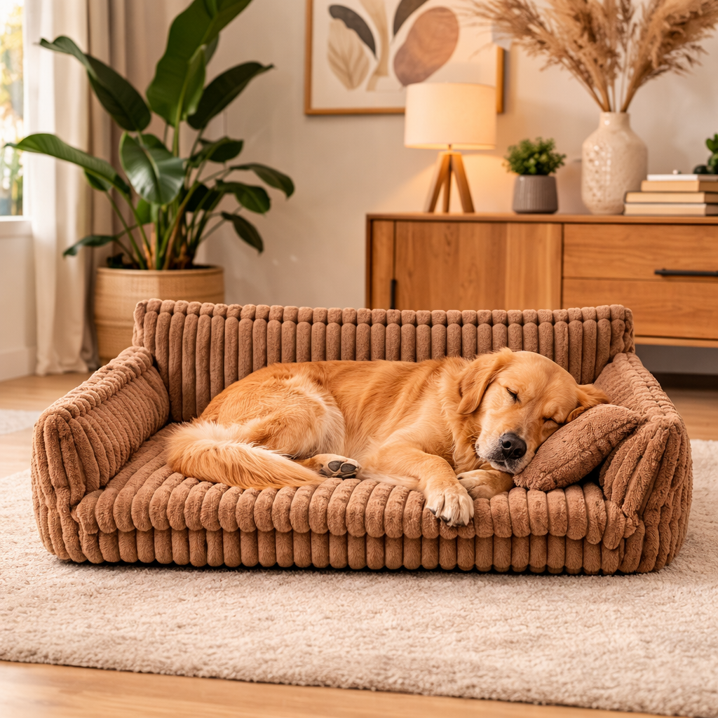 Golden retriever curled up on the camel Snooze orthopedic dog sofa bed