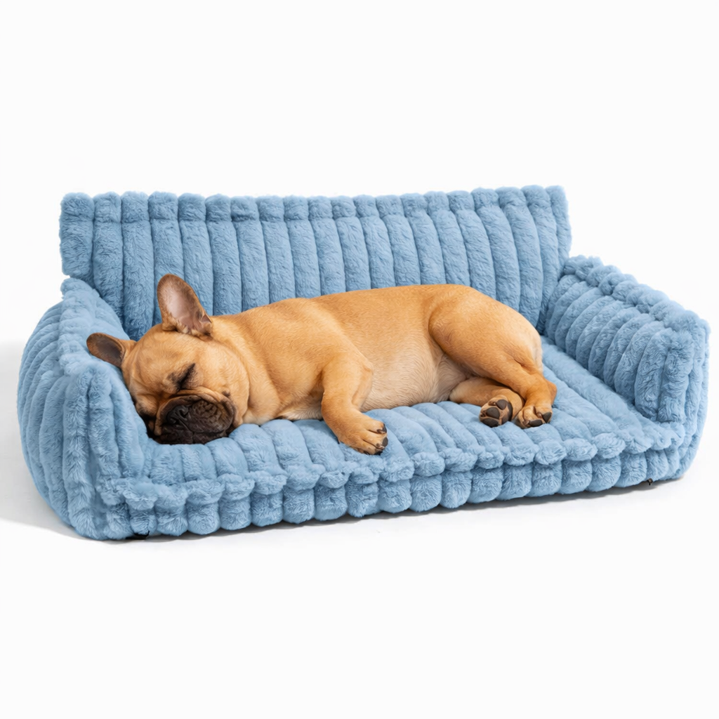 French bulldog resting on the blue Snooze orthopedic dog sofa bed