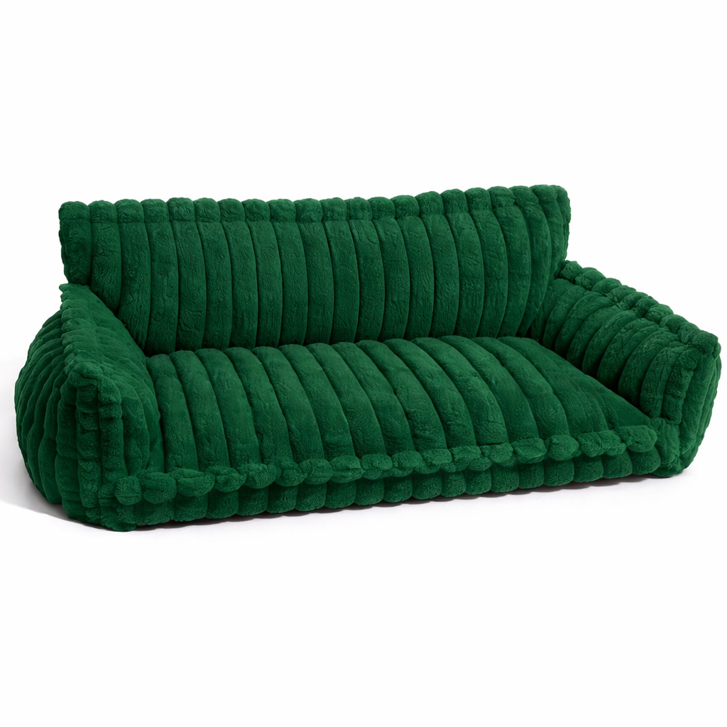 Golden retriever resting on the dark green Snooze orthopedic dog sofa bed