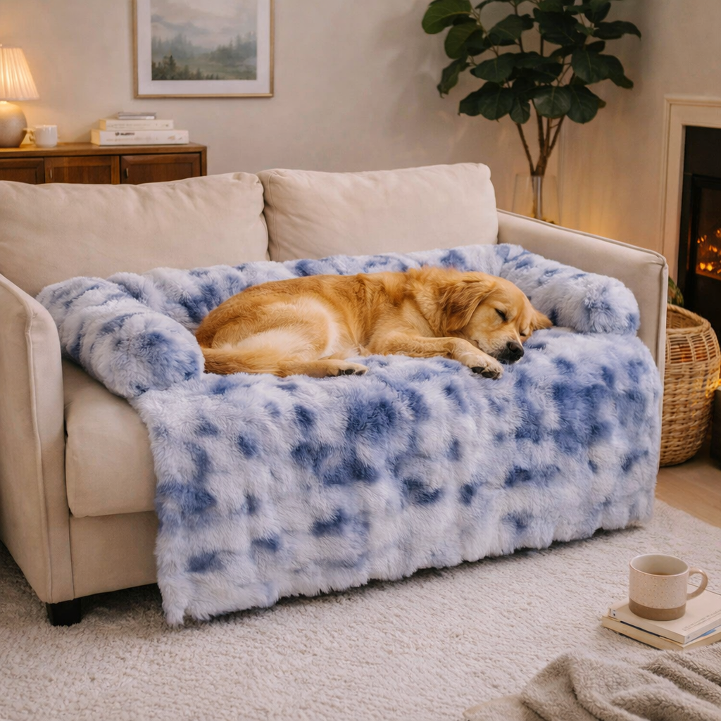 Golden retriever resting on the tie-dye blue Hush calming dog sofa protector