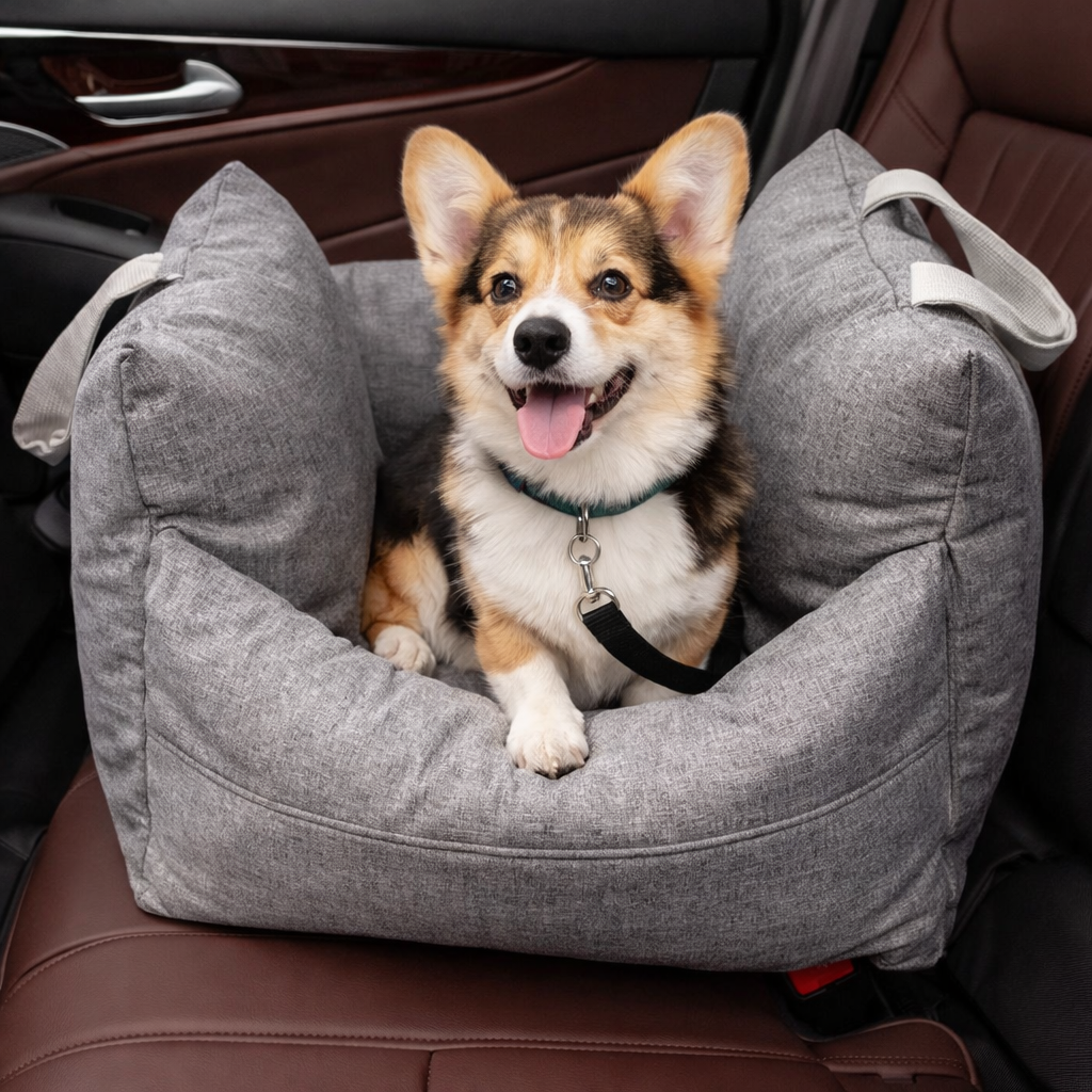 Grey Roam Waterproof Dog Car Seat Bed with a corgi sitting inside on a car seat