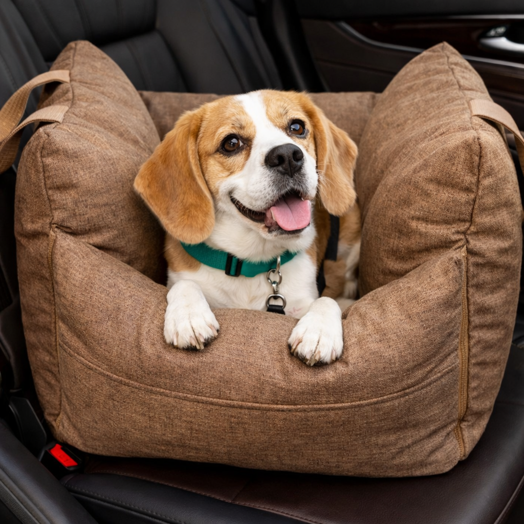 Brown Roam Waterproof Dog Car Seat Bed with a beagle sitting inside on a car seat