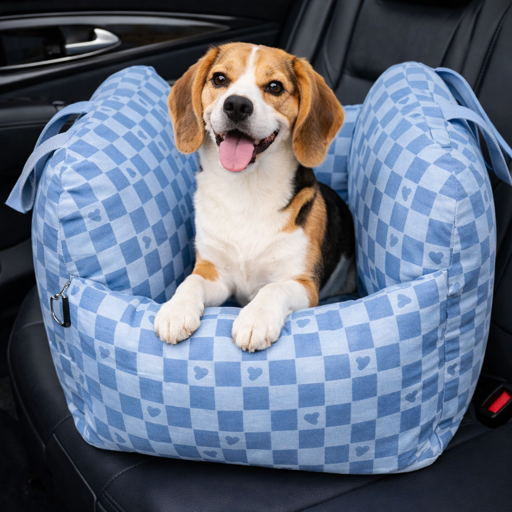 Blue heart-pattern Roam Waterproof Dog Car Seat Bed with a beagle sitting inside