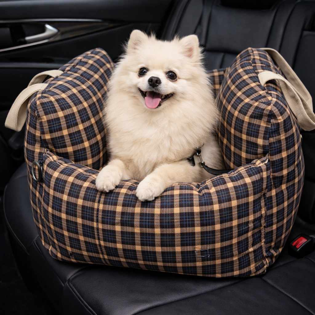 Vintage plaid Roam Waterproof Dog Car Seat Bed with a Pomeranian sitting inside