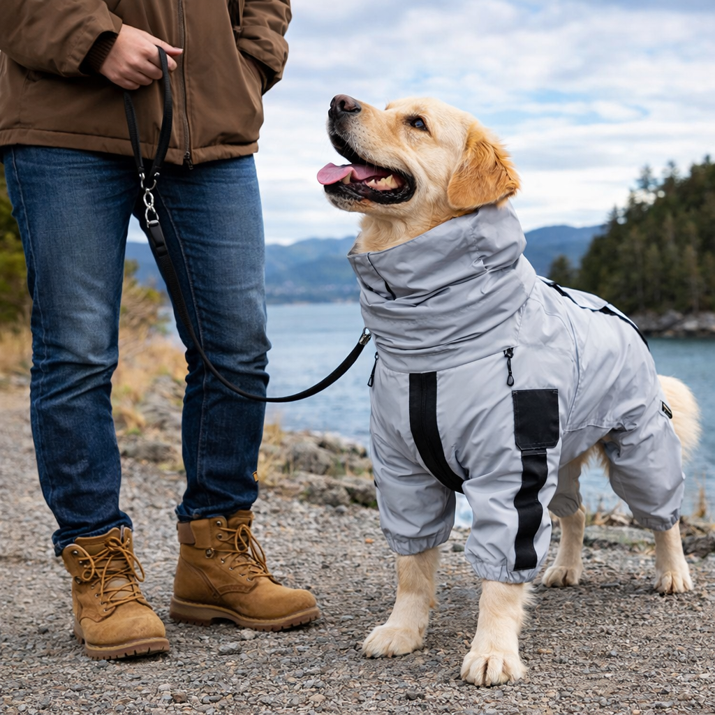 Golden retriever in the Drizzle reflective dog rain coat by the lake