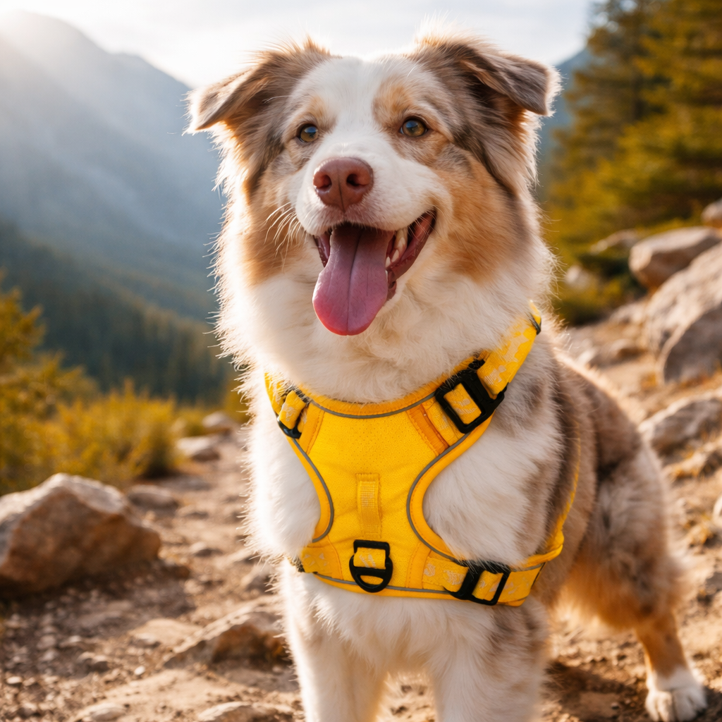 Australian shepherd wearing the yellow Beacon Reflective Dog Harness on a hike
