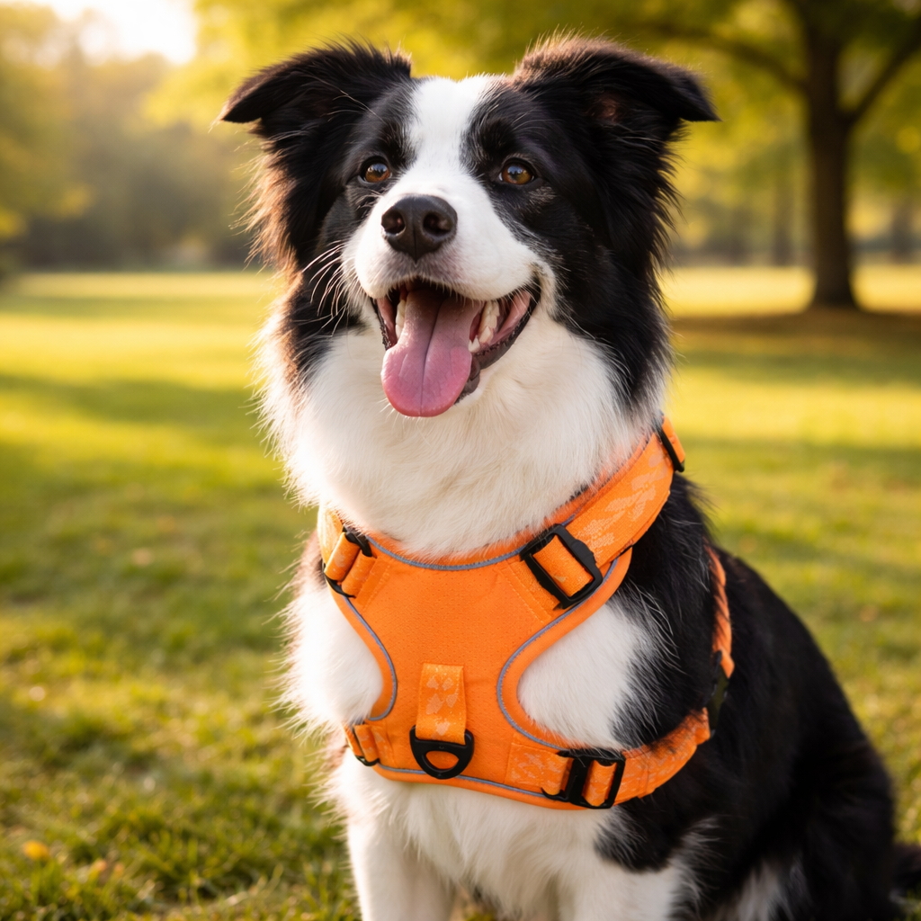 Border collie wearing the orange Beacon Reflective Dog Harness outdoors