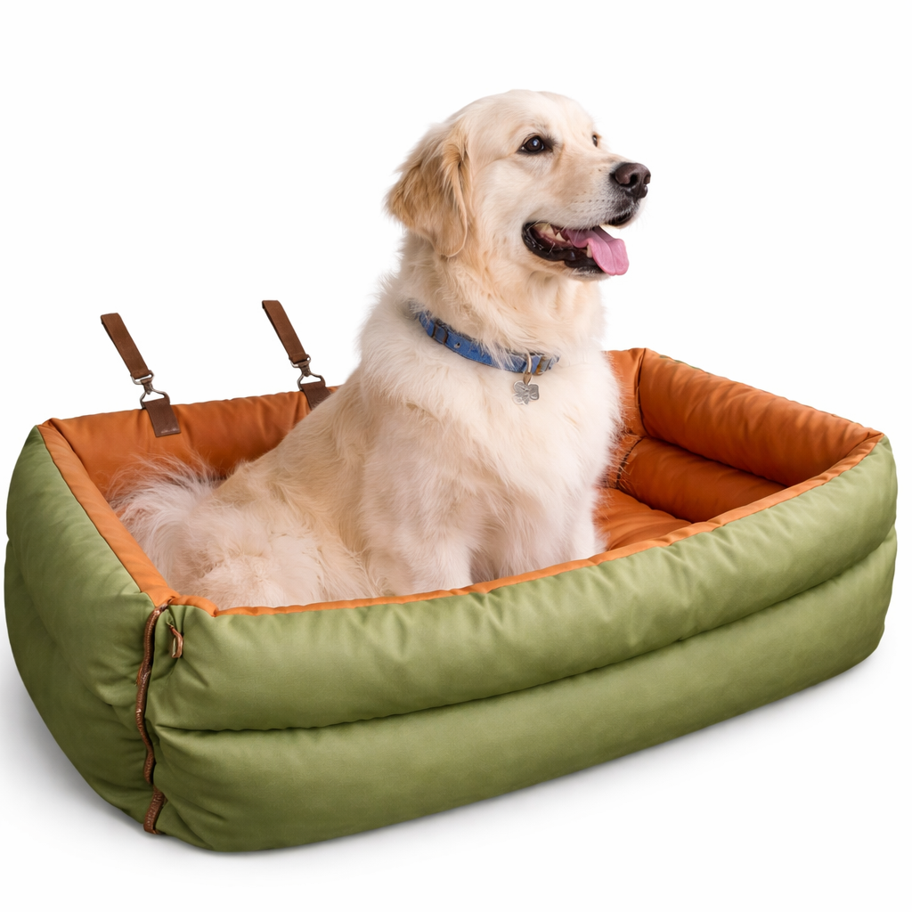 Nomad Dog Car Booster Seat in Orange Green with a golden retriever sitting in it