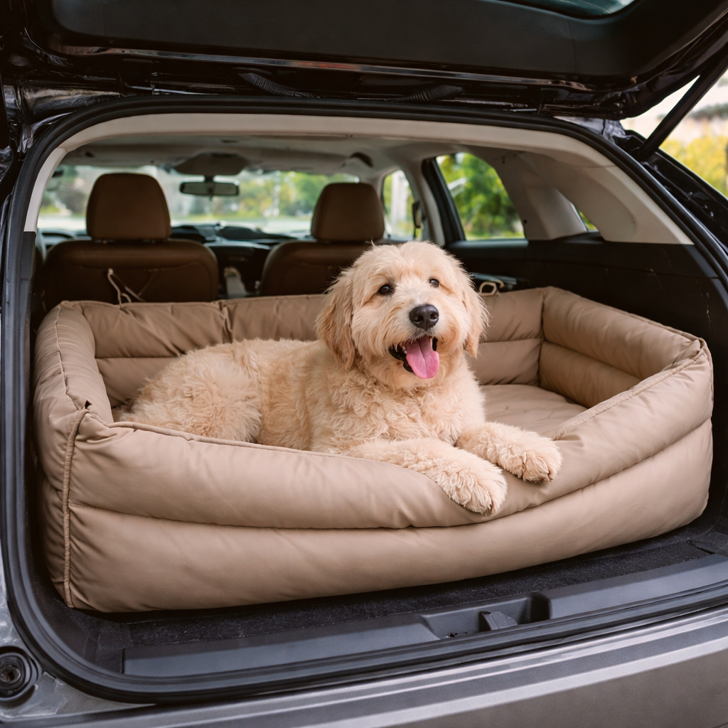 Dog sitting in the Nomad Dog Car Booster Seat in a car cargo area