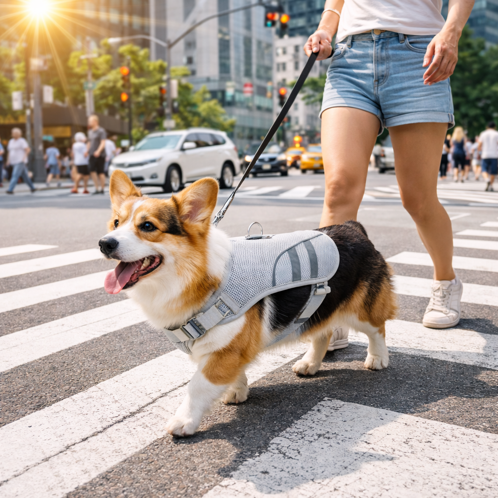 Corgi wearing the Chill Cooling Dog Vest on a city walk