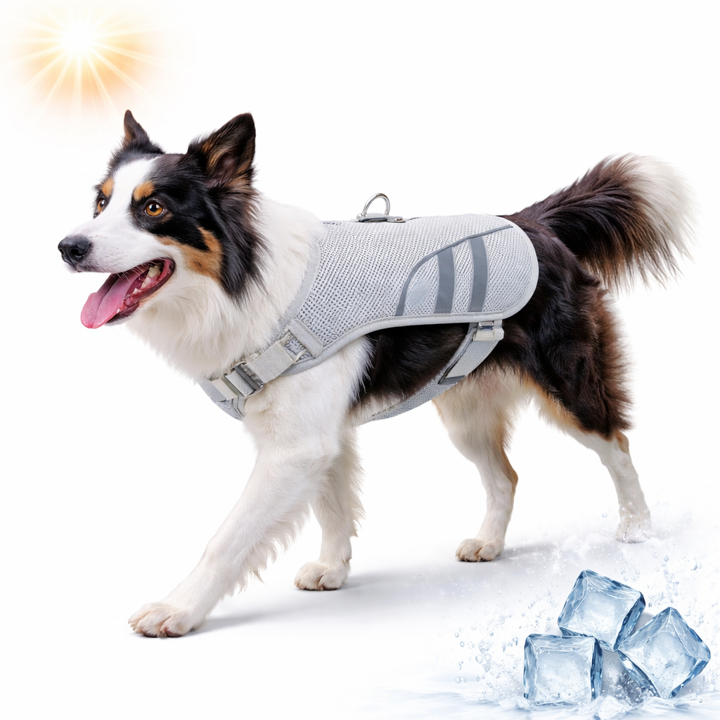 Chill Cooling Dog Vest in grey worn by a border collie