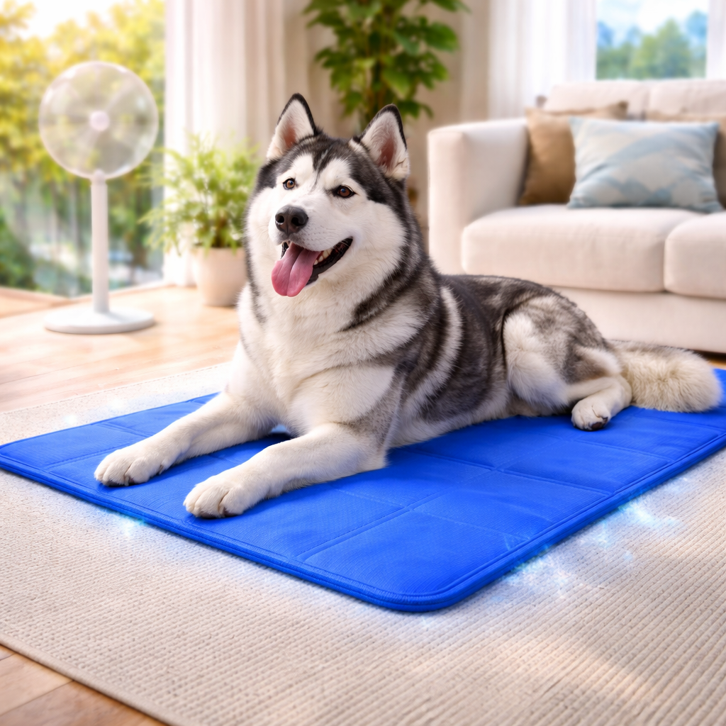 Husky lying on the Polar dog cooling mat in a bright living room