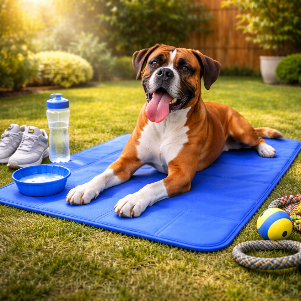 Boxer relaxing on the Polar dog cooling mat on the grass on a sunny day