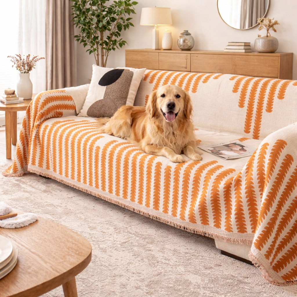 Cove Chenille Dog Sofa Cover in Orange on a sofa with a golden retriever lounging