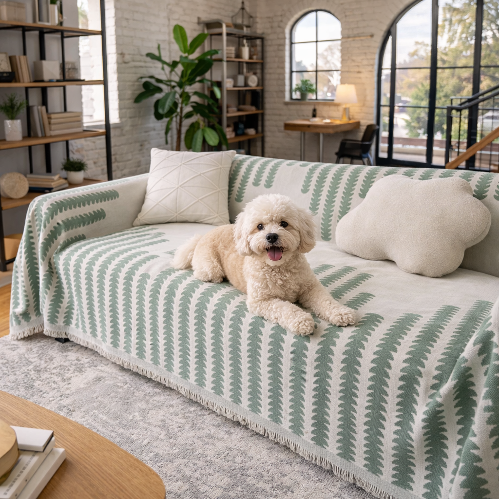 Cove Chenille Dog Sofa Cover in Green on a sofa with a small white dog resting