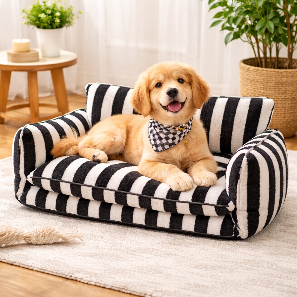 Golden Retriever puppy relaxing on the Black Stripe Chester dog sofa bed