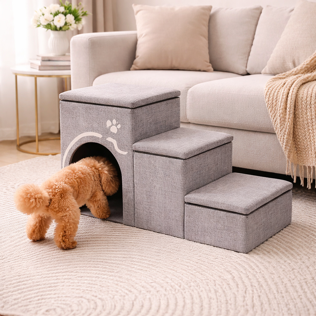 Small dog approaching the gray Nook dog stairs with built-in condo