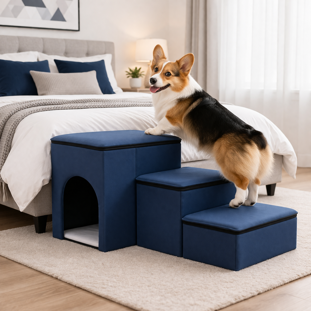 Corgi stepping onto the Navy Blue Nook dog stairs beside the bed