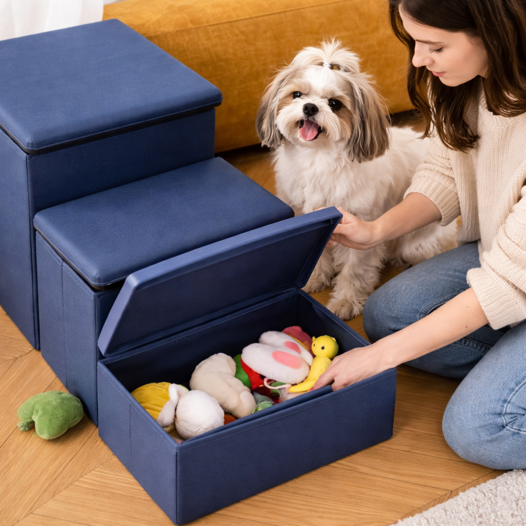 Owner opening the Nook dog stairs storage compartment full of dog toys