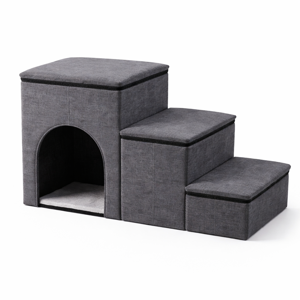 Nook Dog Stairs with Storage and Condo in Gray, 3-step foldable design