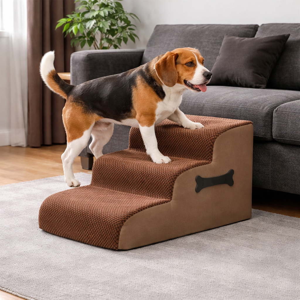 Beagle on the brown Nimbus dog stairs in a living room