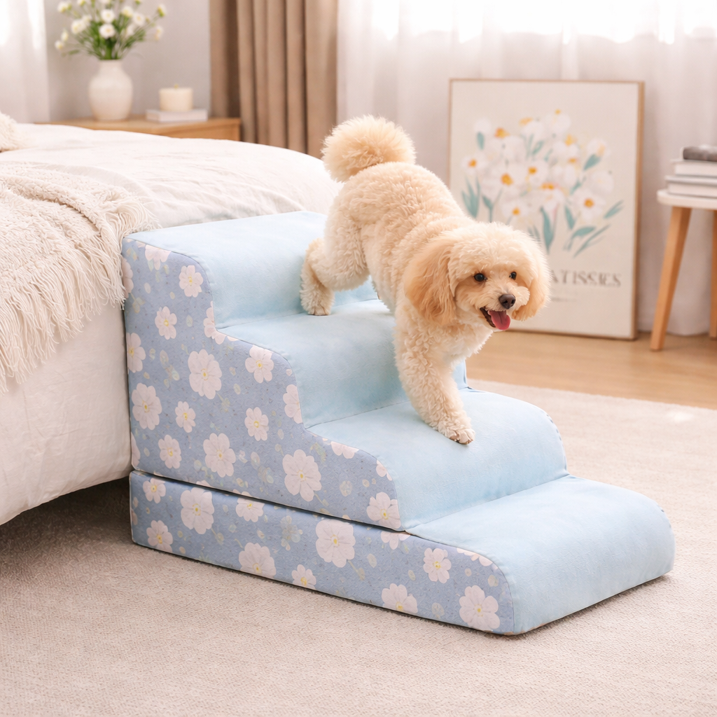 Small dog climbing the blue floral Amble Orthopedic Dog Stairs up to a bed