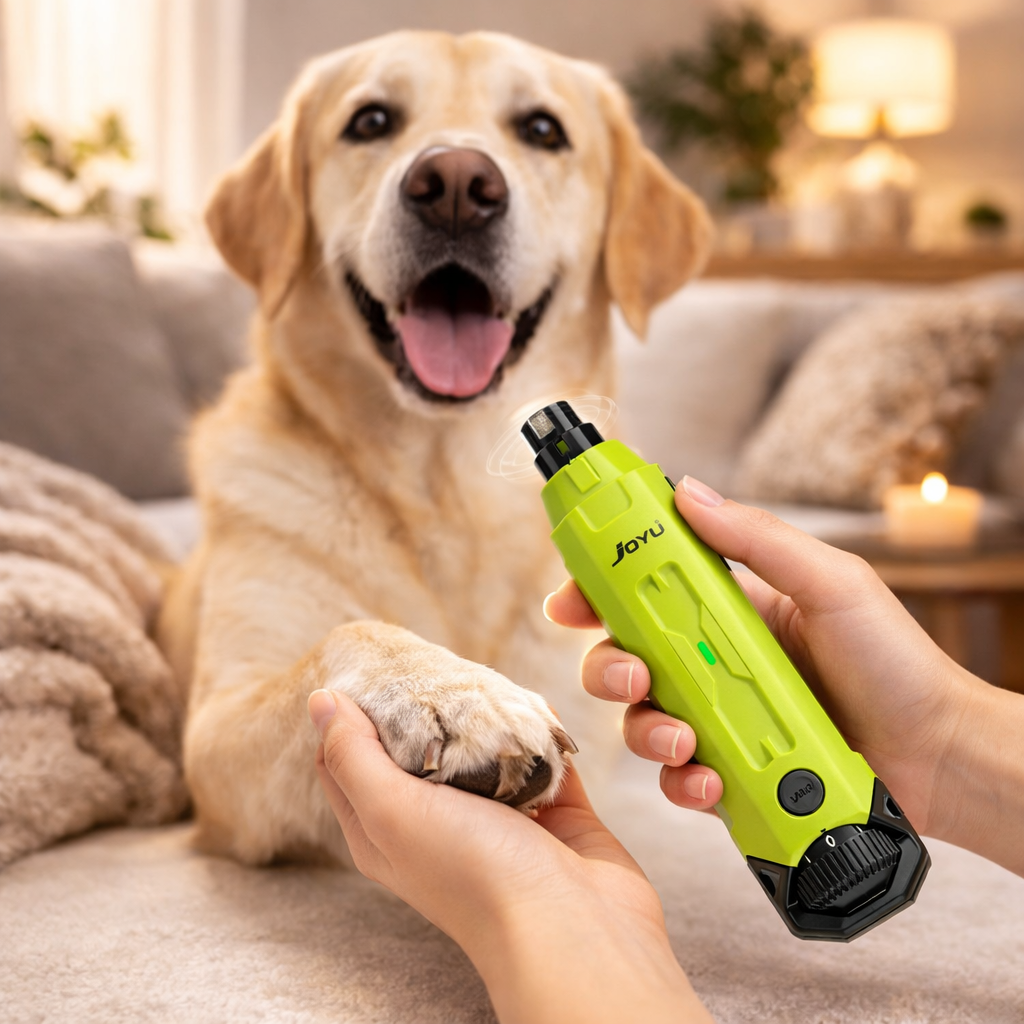 Golden retriever with the lime green Buff 6-speed dog nail grinder