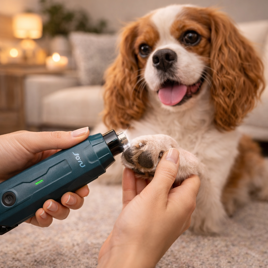 Cavalier spaniel with the dark blue Buff dog nail grinder