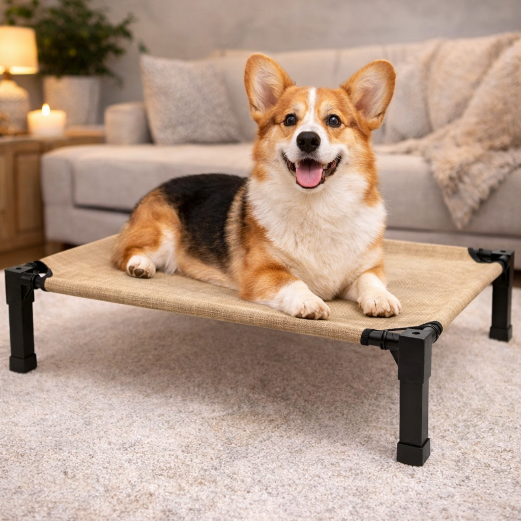 Corgi resting on the Perch elevated cooling dog bed in a living room