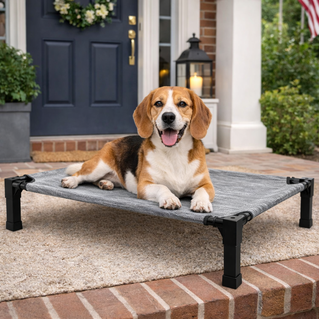Beagle on the linen grey Perch elevated cooling dog bed