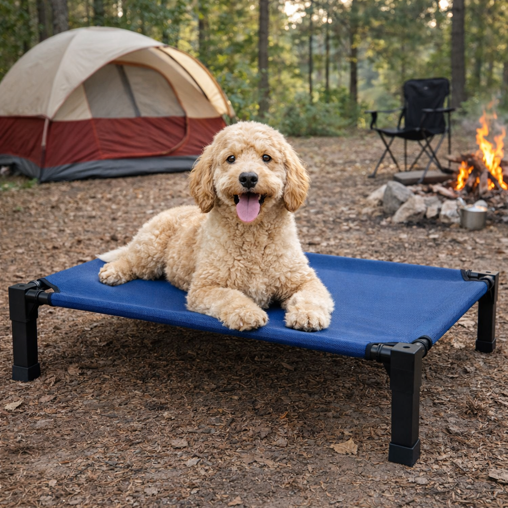 Goldendoodle on the blue Perch elevated cooling dog cot at a campsite
