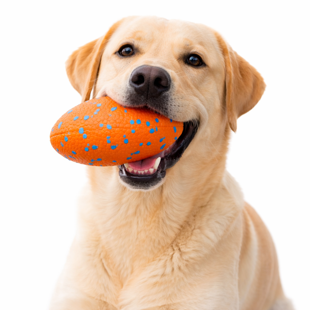 Labrador carrying the orange Blitz Rugged Dog Football