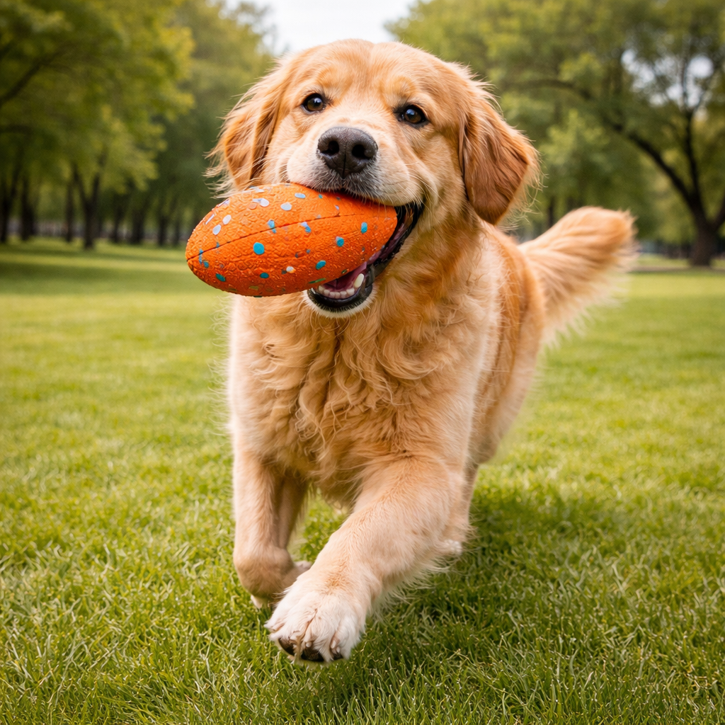 Orange Blitz Rugged Dog Football carried by a golden retriever