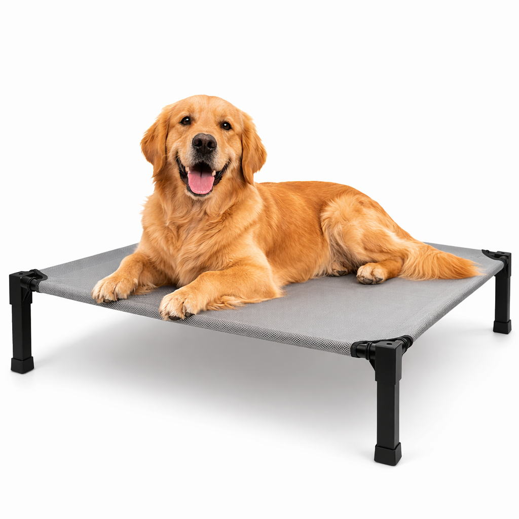 Golden retriever lounging on the grey Perch elevated cooling dog bed